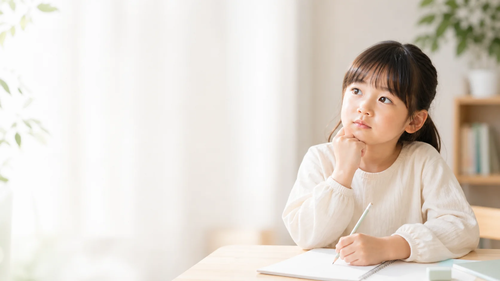 机でノートを開き、考えるように視線を上げる子ども